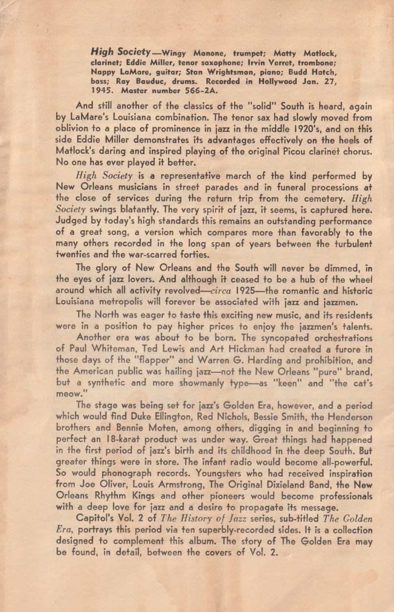 The History of Jazz: The Solid South. Chapbook from Capitol Records, 1945.