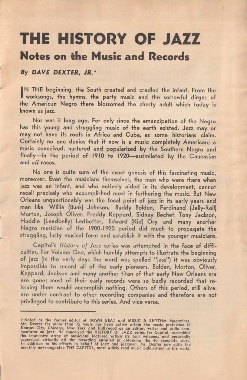 The History of Jazz: The Solid South. Chapbook from Capitol Records, 1945.