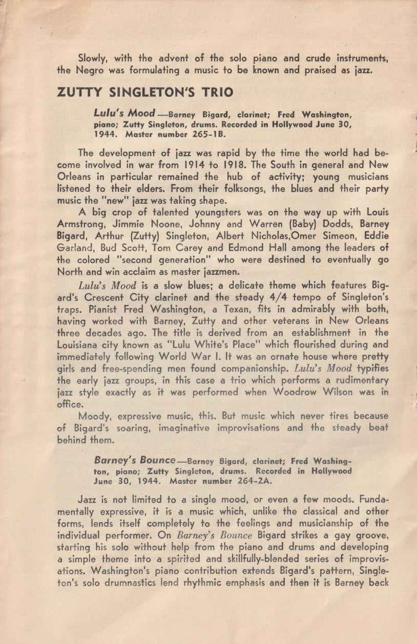 The History of Jazz: The Solid South. Chapbook from Capitol Records, 1945.