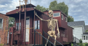 Skeleton on an old train
